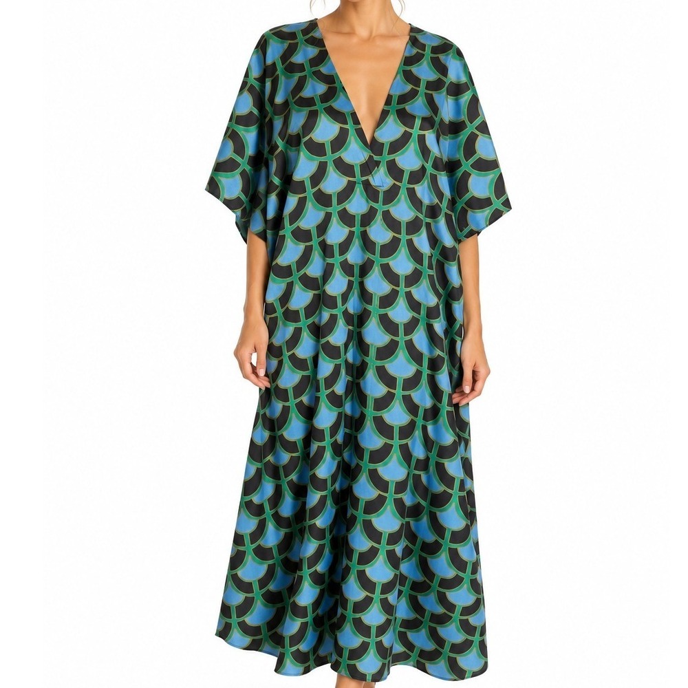 Zara Women Blue Green Geometric Scallop Print Kimono Maxi Kaftan Dress Size M